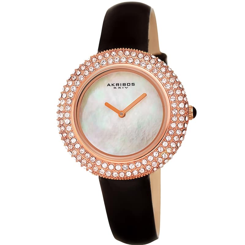 Akribos XXIV Ladies Crystal Swarovski Studded Fashion Leather Strap Watch - Black-Rose