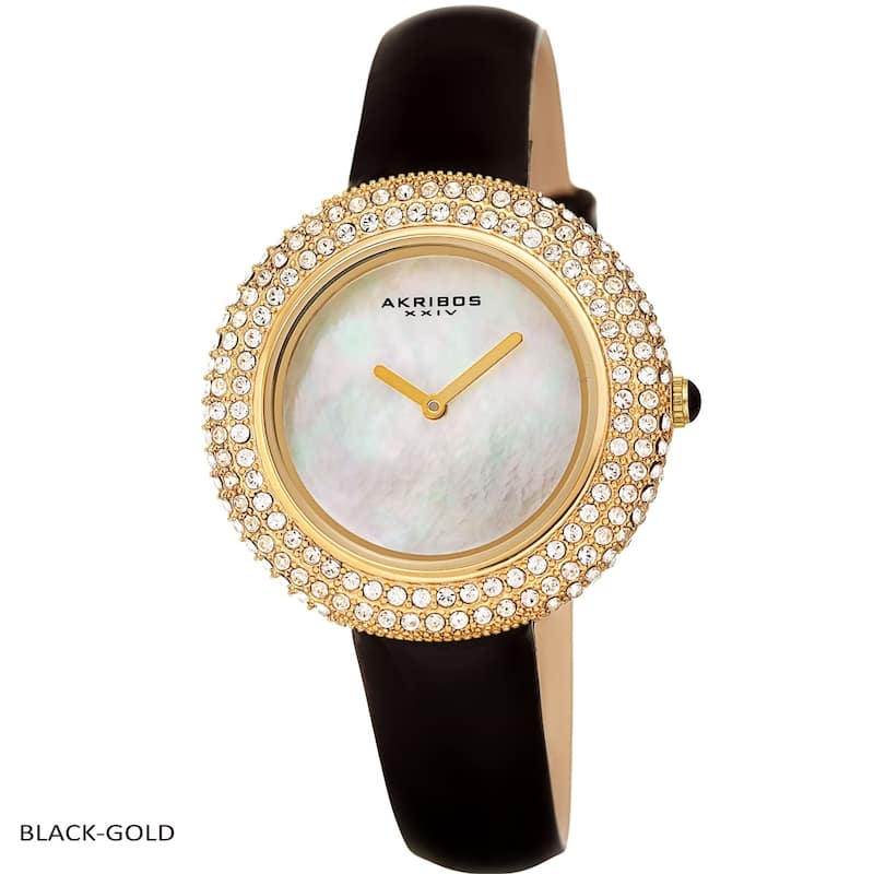 Akribos XXIV Ladies Crystal Swarovski Studded Fashion Leather Strap Watch - Black-Gold