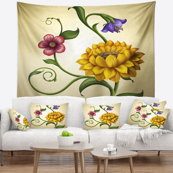 Designart 'Flowers and Leaves Illustration' Floral Wall Tapestry