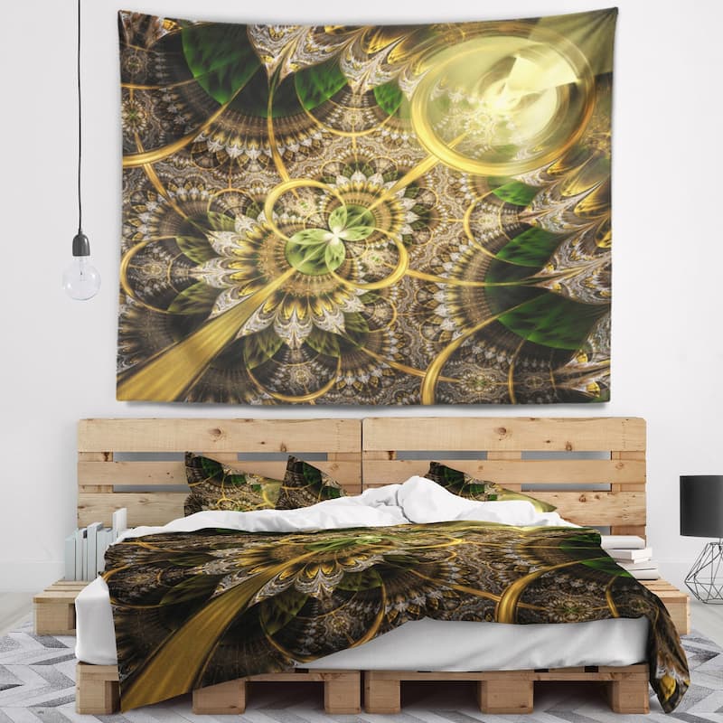 Designart 'Dark Green and Gold Fractal Flower' Floral Wall Tapestry