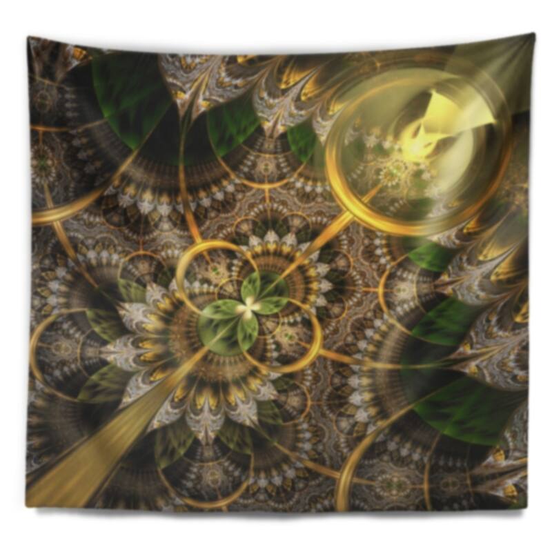 Designart 'Dark Green and Gold Fractal Flower' Floral Wall Tapestry