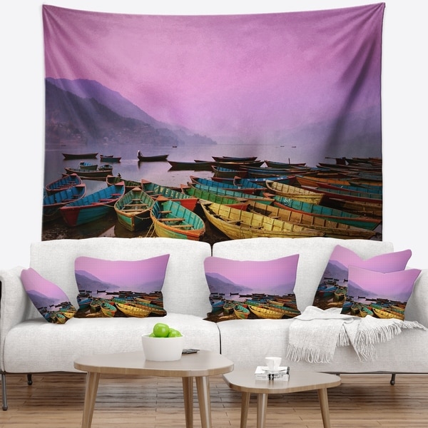 Designart 'Boats under Twilight Sky in Phewa' Boat Wall Tapestry