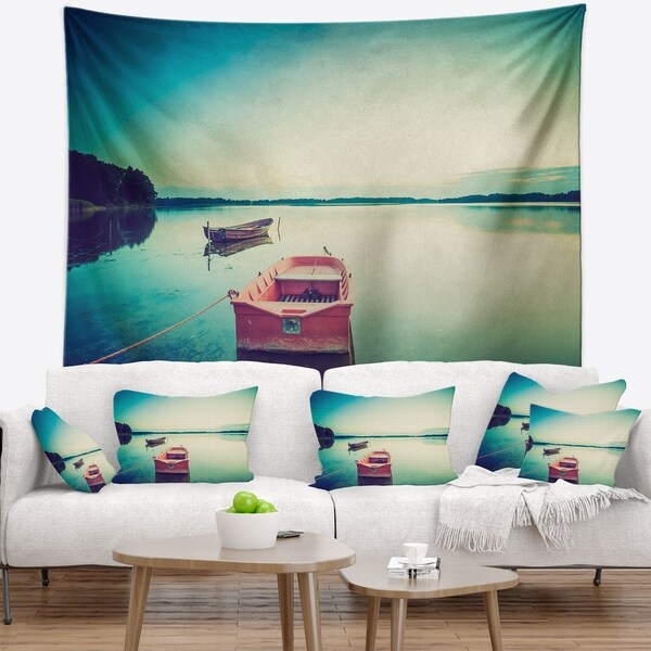 Designart 'Pink Boat in Vintage Lake' Boat Wall Tapestry