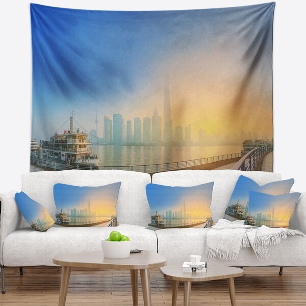 Designart 'Shanghais Night with Lights' Cityscape Wall Tapestry