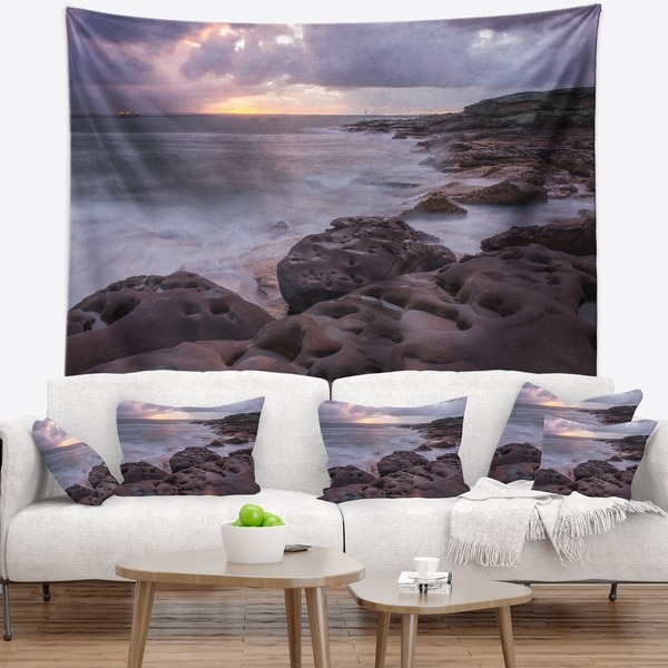 Designart 'Dark Australian Seashore with Large Rocks' Seashore Wall Tapestry