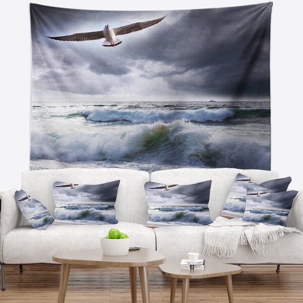 Designart 'Large Seagull over Stormy Waves' Modern Beach Wall Tapestry