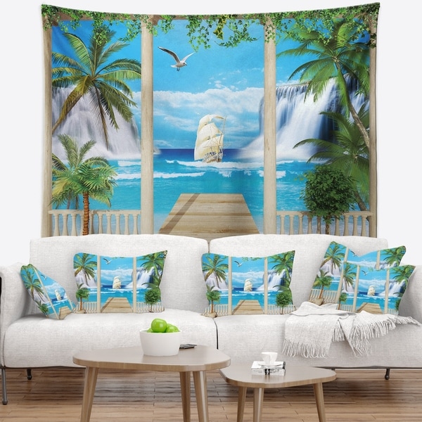 Designart 'Wooden Terrace with Sea View' Landscape Photography Wall Tapestry