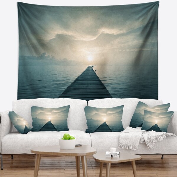 Designart 'Dark Boardwalk into Blue Sea' Bridge Wall Tapestry
