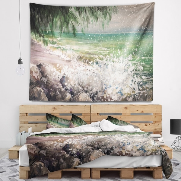 Designart 'Rocky Seashore with White Waves' Seashore Wall Tapestry