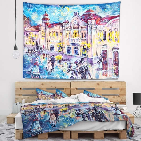 Designart 'City at Night with People' Cityscape Wall Tapestry