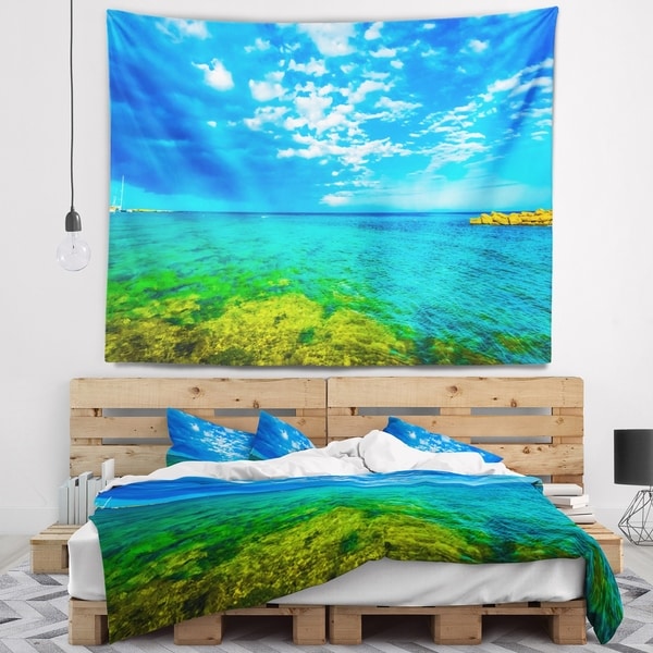 Designart 'Picturesque Green Blue Seashore' Modern Seascape Wall Tapestry