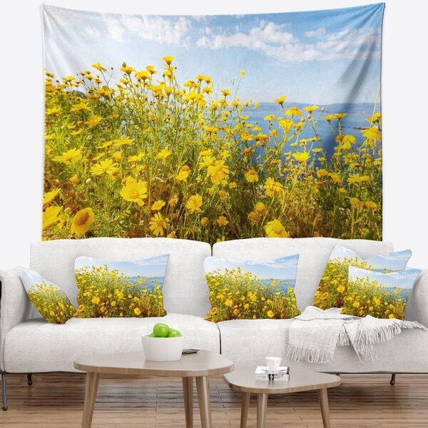 Designart 'Little Yellow Flowers over Seashore' Flower Wall Tapestry