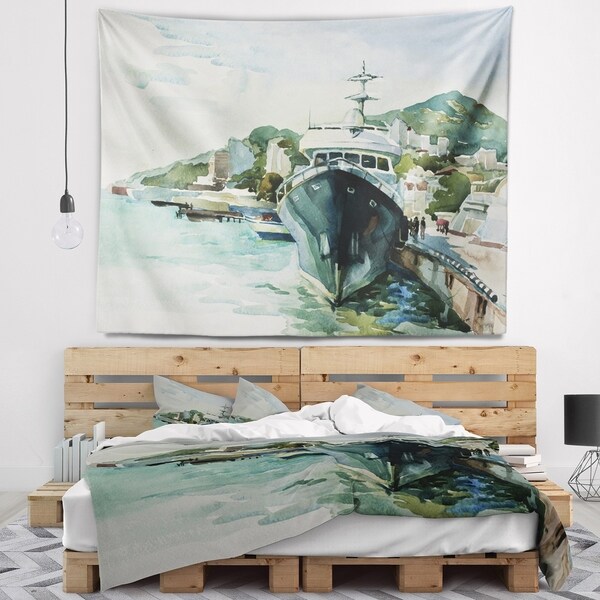 Designart 'Yacht in Port Yalta' Landscape Wall Tapestry