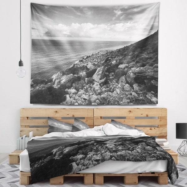 Designart 'Sunrise over Sicily Black and White' Beach Photo Wall Tapestry