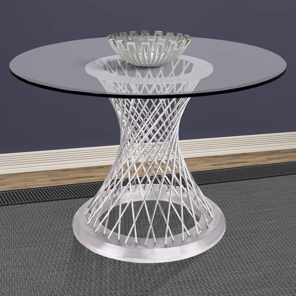 Calypso Dining Table in Brushed Stainless Steel with Clear Tempered Glass Top