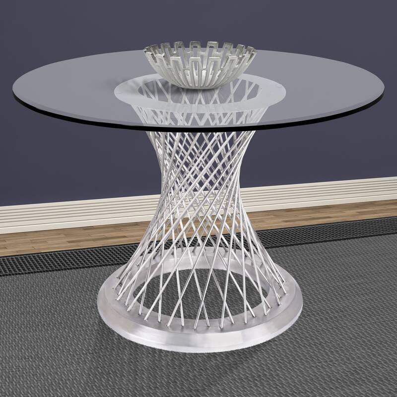Calypso Dining Table in Brushed Stainless Steel with Clear Tempered Glass Top - Silver