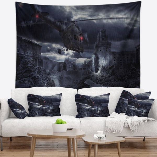 Designart 'Helicopter over Storm Ruined City' Photography Wall Tapestry