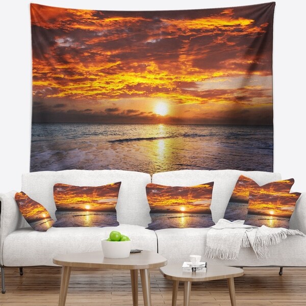 Designart 'Yellow Sunset above Foaming Waves' Modern Beach Wall Tapestry