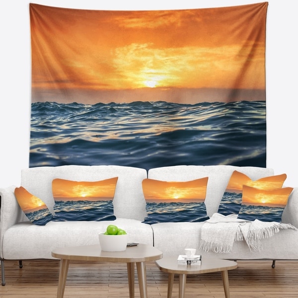 Designart 'Blue Waves Dancing at Yellow Sunset' Beach Photo Wall Tapestry