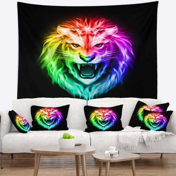 Designart 'Colorful Fire Lion' Animal Wall Tapestry