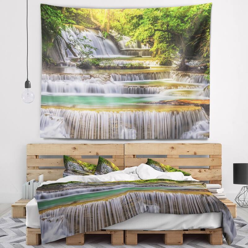 Designart 'Tranquil Erawan Waterfall' Landscape Wall Tapestry - Bed ...