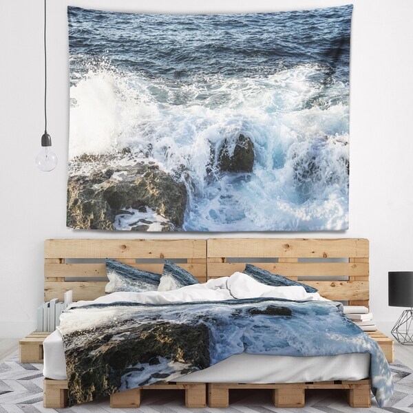 Designart 'Waves Breaking on Stony Beach' Seashore Wall Tapestry