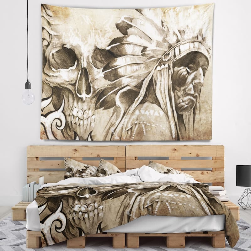 Designart 'American Indian Warrior Tattoo Sketch' Portrait Wall Tapestry