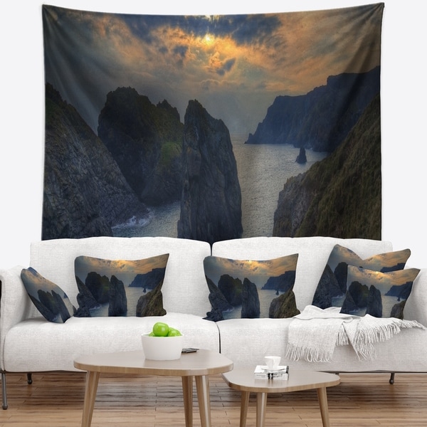 Designart 'Dark Rocky Panorama Coastline' Seashore Wall Tapestry