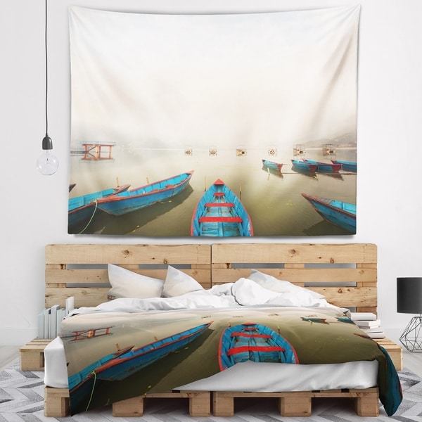 Designart 'Moving Boats in Mountain Lake' Boat Wall Tapestry