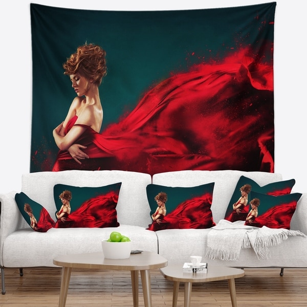 Designart 'Woman in Flying Red Dress' Abstract Portrait Wall Tapestry