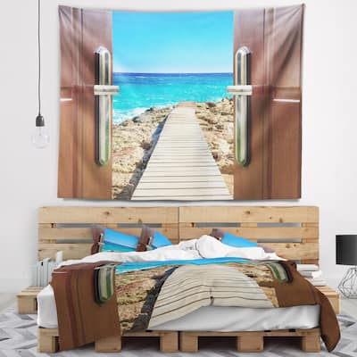 Designart 'Door Open to Wooden Ocean Pier' Wooden Sea Bridge Wall Tapestry