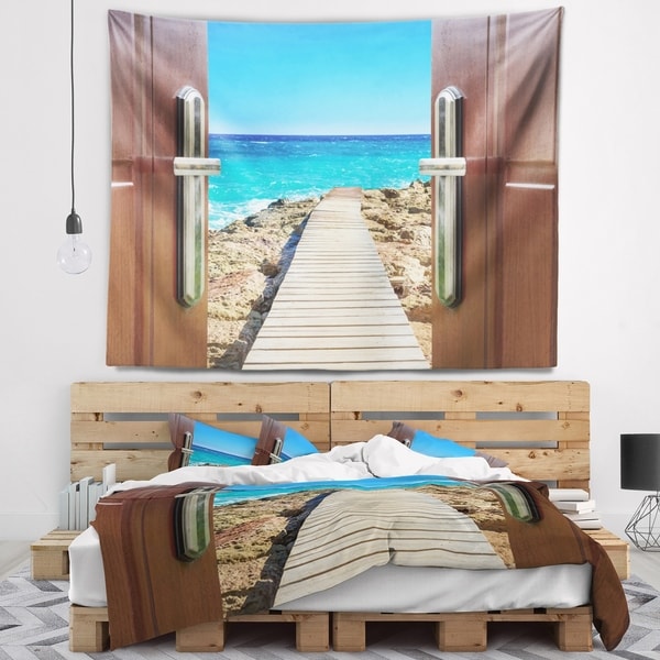 Designart 'Door Open to Wooden Ocean Pier' Wooden Sea Bridge Wall Tapestry