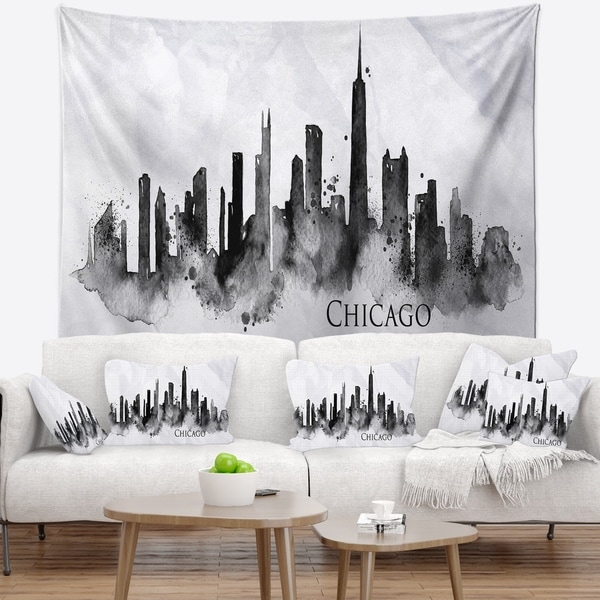 Designart 'Chicago Black Silhouette' Cityscape Painting Wall Tapestry
