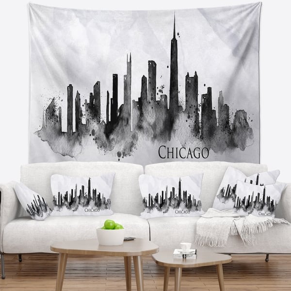 Designart 'Chicago Black Silhouette' Cityscape Painting Wall Tapestry ...