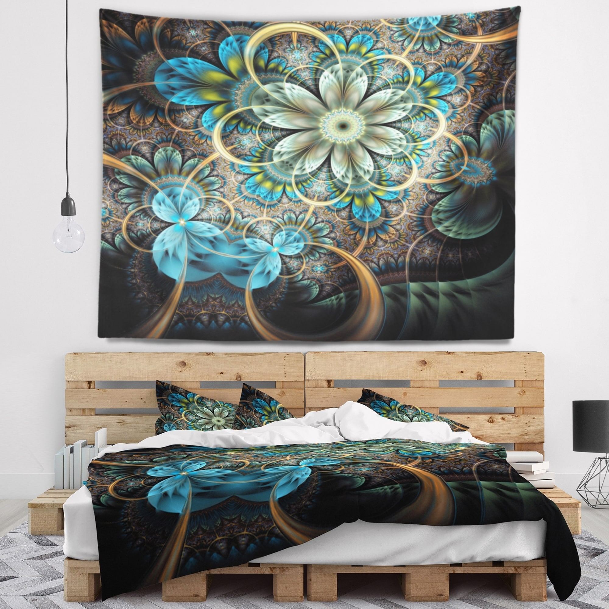 Designart 'Turquoise Fractal Cross Design' Abstract Wall Tapestry - 60 in. x 50 in.