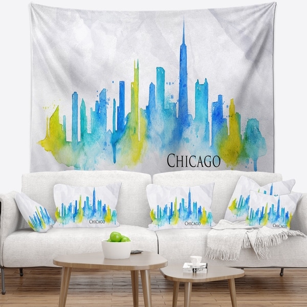 Designart 'Chicago Blue Green Silhouette' Cityscape Wall Tapestry