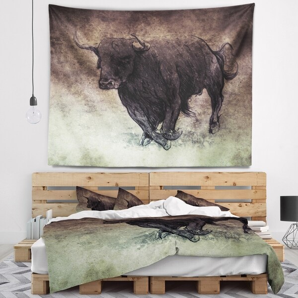 Designart 'Bull Running on Vintage Paper' Animal Wall Tapestry