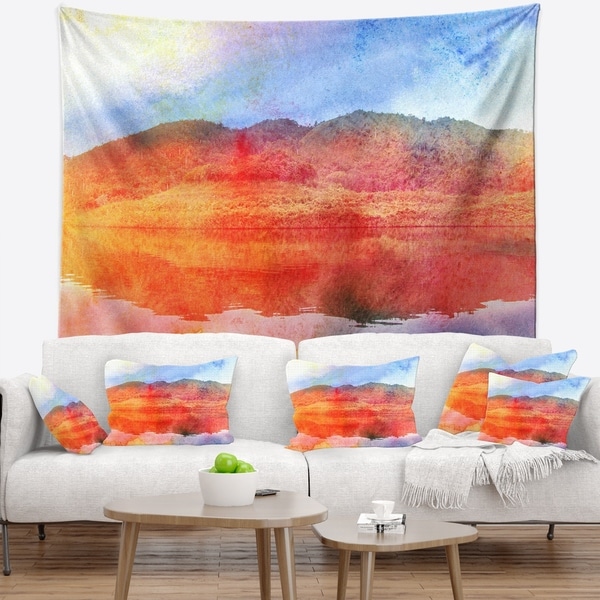 Designart 'Red Retro Island Watercolor' Landscape Painting Wall Tapestry
