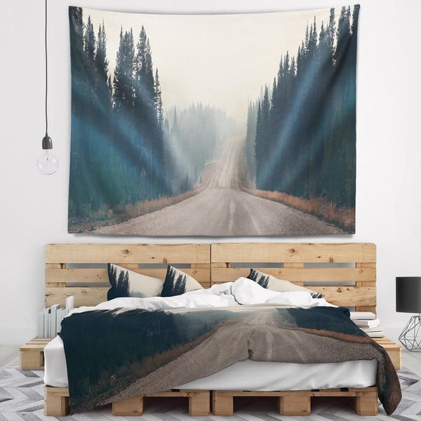 Designart 'Foggy Road in Forest in Banff Park' Modern Seascape Wall Tapestry