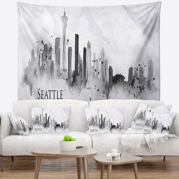 Designart 'Seattle Black Silhouette' Cityscape Painting Wall Tapestry