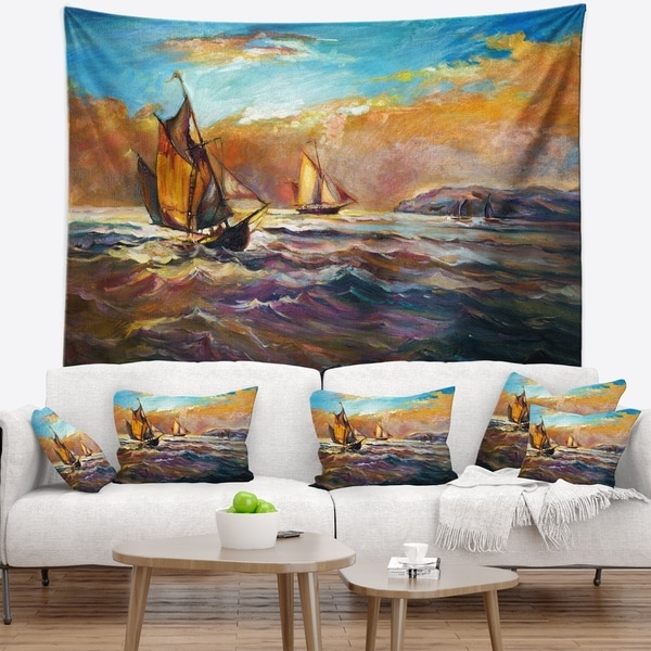 Designart 'Boats in Roaring Sea' Seascape Wall Tapestry