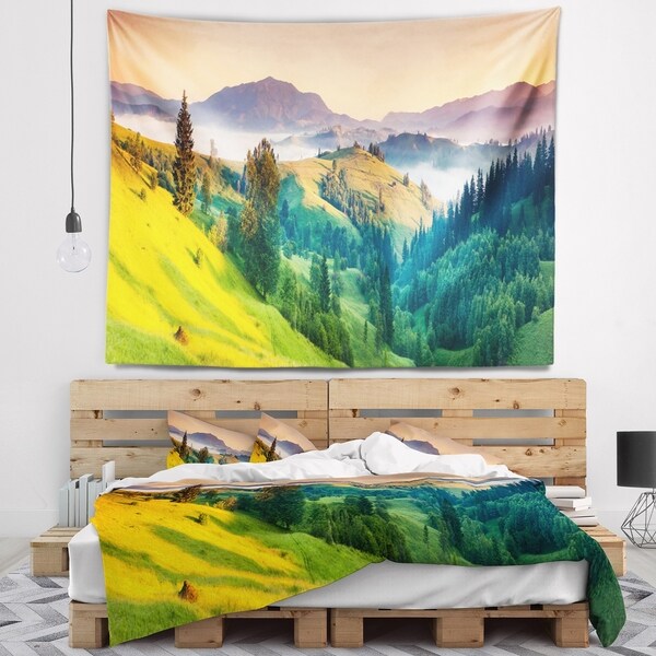 Designart 'Brightly Green and Blue Mountains' Landscape Wall Tapestry