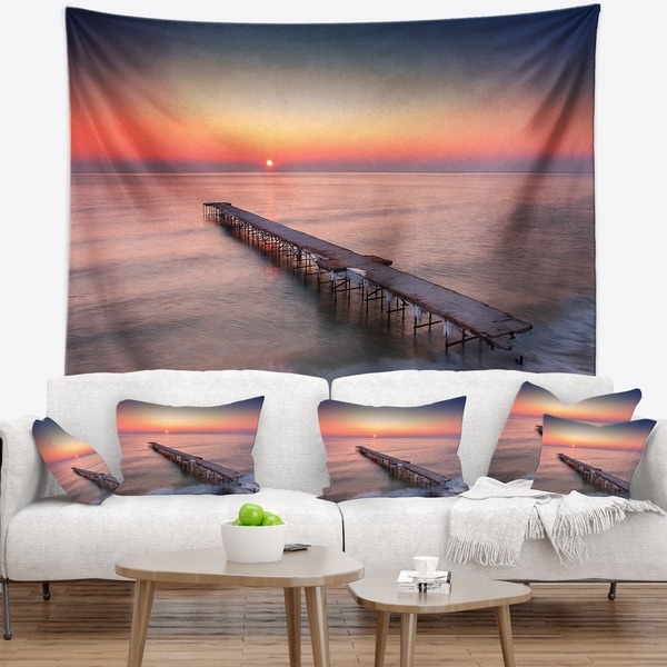 Designart 'Long Exposure Sea and Shore' Sea Bridge Wall Tapestry