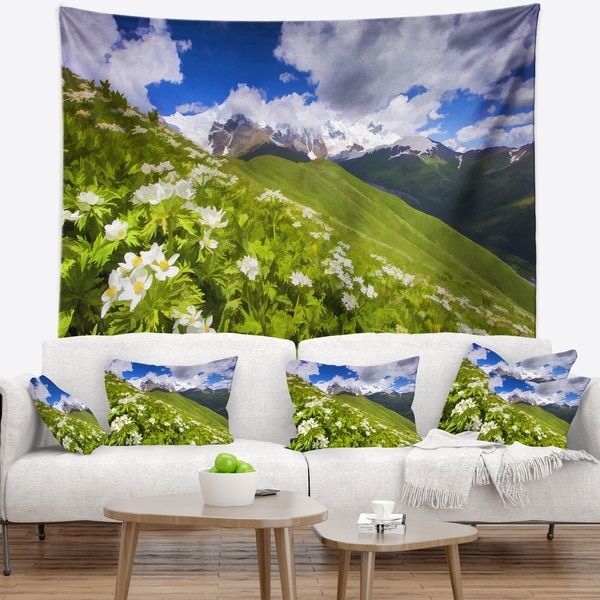 Designart 'Blossom Flowers in Mountains' Landscape Wall Tapestry