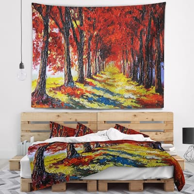 Designart 'Autumn Forest with Red Leaves' Landscape Wall Tapestry