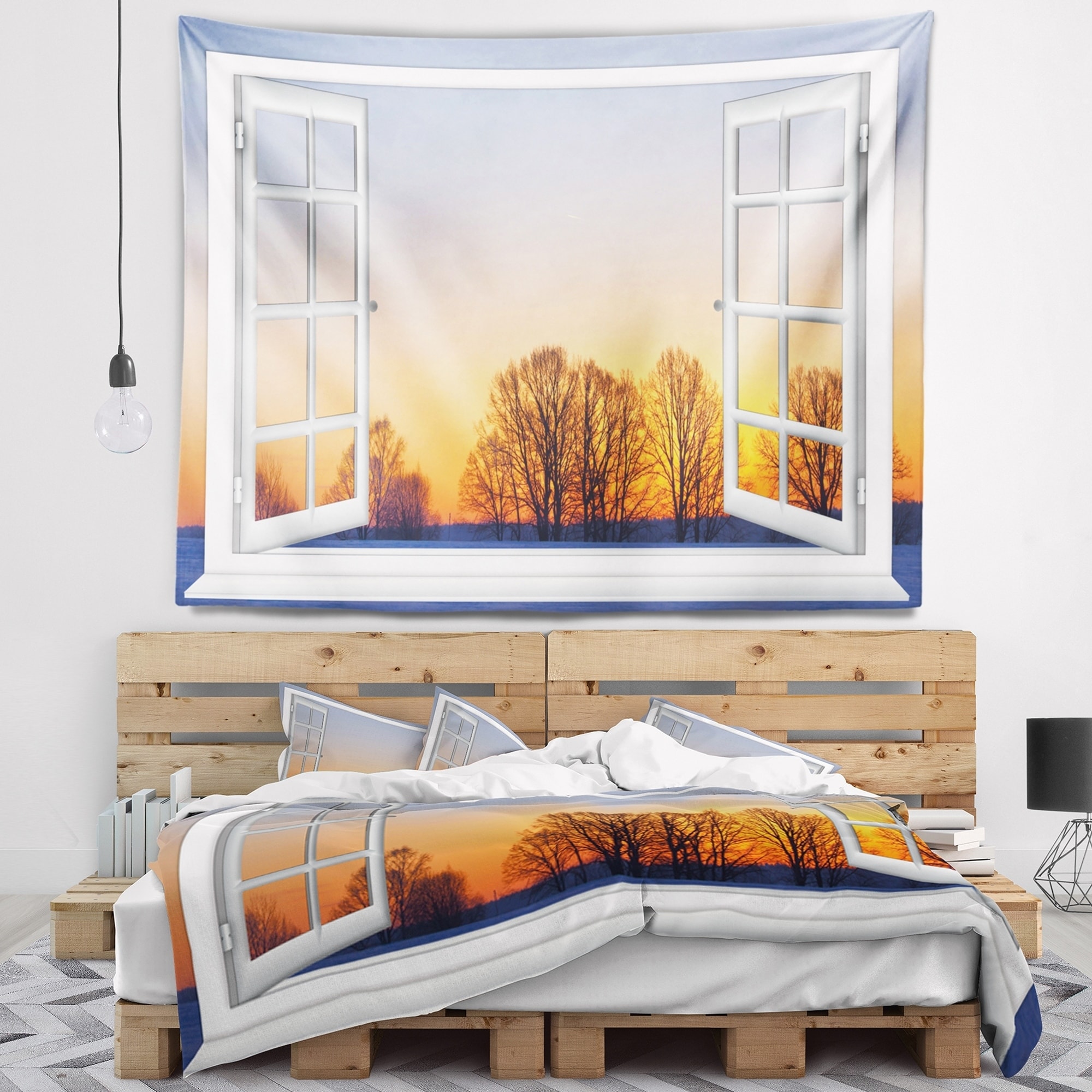 Designart Window to Sunset over the Snow Landscape Wall Wall Tapestry