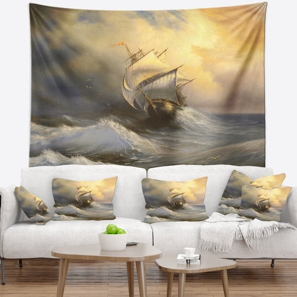 Designart Vessel In Stormy Sea Seascape Wall Tapestry On Sale Overstock 20922731