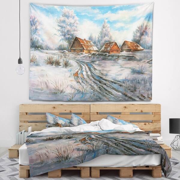slide 2 of 4, Designart 'Snow Village' Landscape Wall Tapestry
