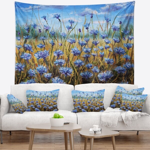 Designart 'Blue Flowers in Meadow Painting' Floral Painting Wall Tapestry