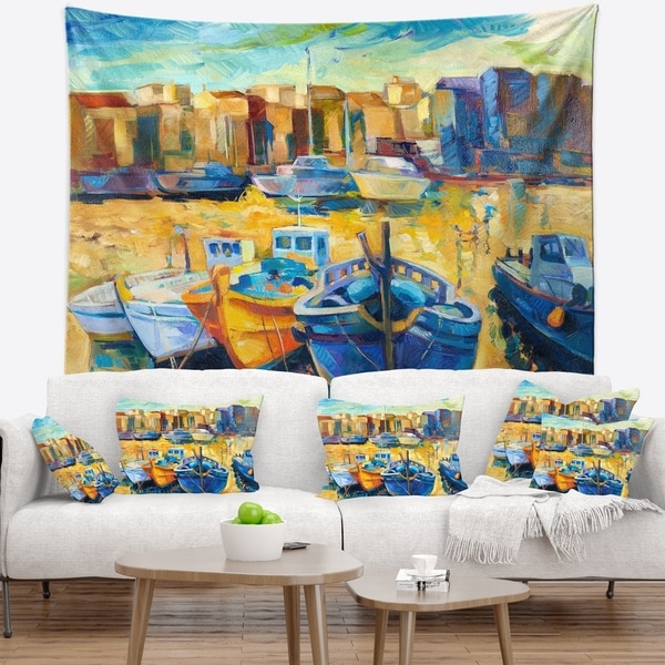 Designart 'Wharf and Boats' Seascape Wall Tapestry